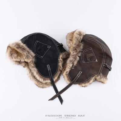 Vintage Maillard Leather Hat Men's and Women's Winter Thickened Warm Ear Protectors Big Head Circumference Pilot Hat