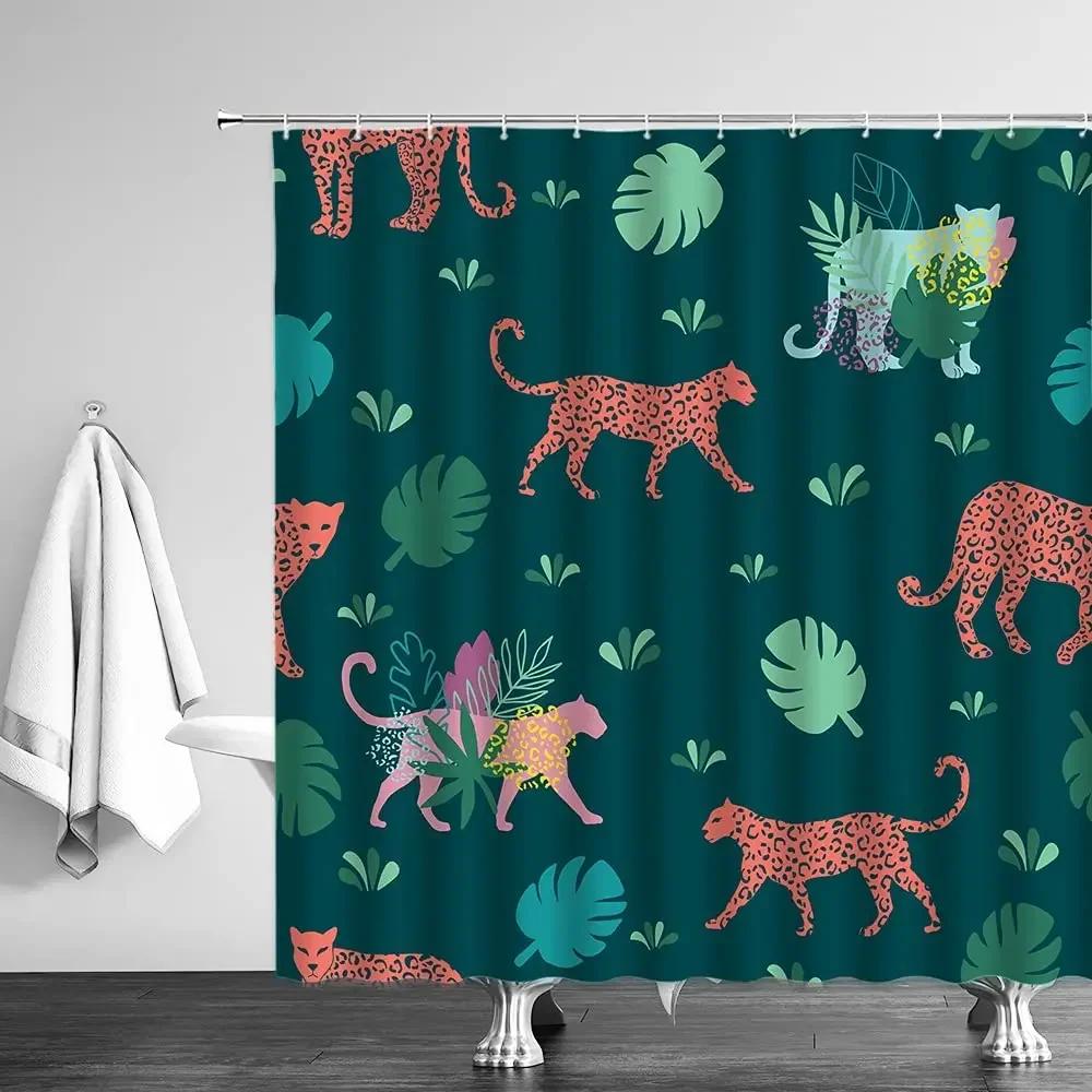 Leopard Shower Curtains Tropical Jungle Wildlife Cheetah Tiger Plant Green Palm Banana Leaves Monstera Watercolor Bathroom Decor