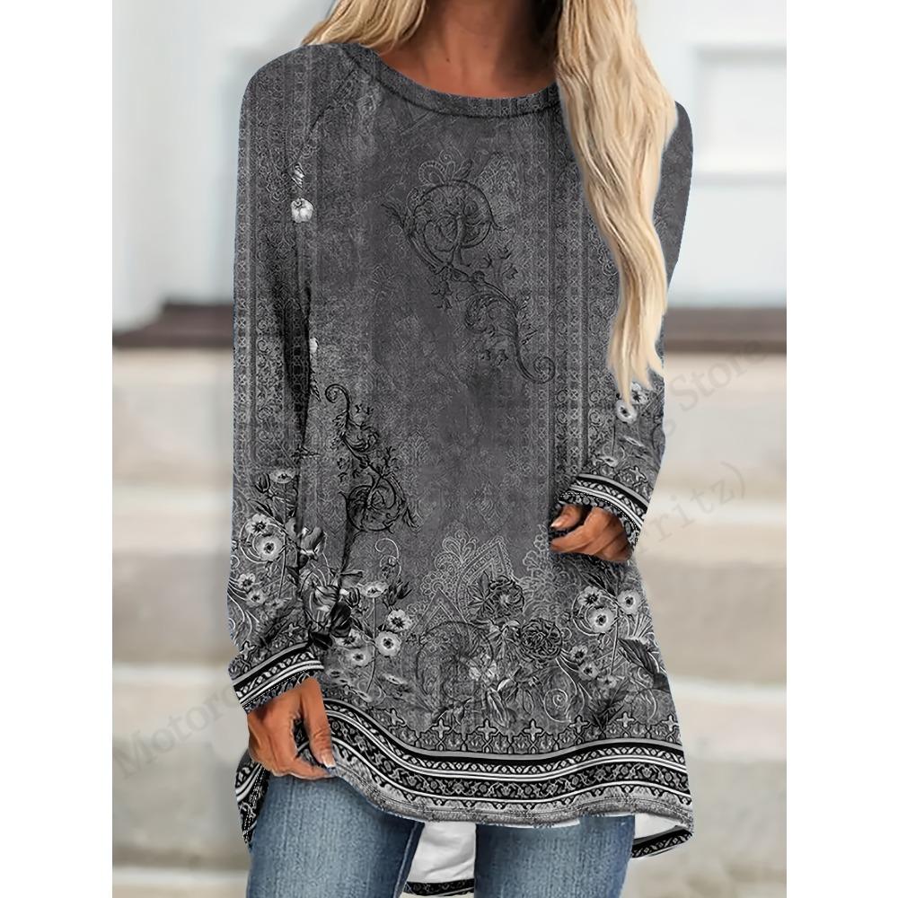 Women's Vintage Floral 3D Print Long Sleeve Tunic Top T-Shirts Women's Fashion Oversized T Shirt Female Tees Tops Fall Clothing