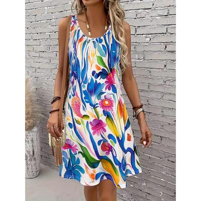 Abstract Floral Print Women's Casual Sleeveless Tank Dress Summer Vacation Casual Attire Fashion Street Wear Y2k Woman Clothing