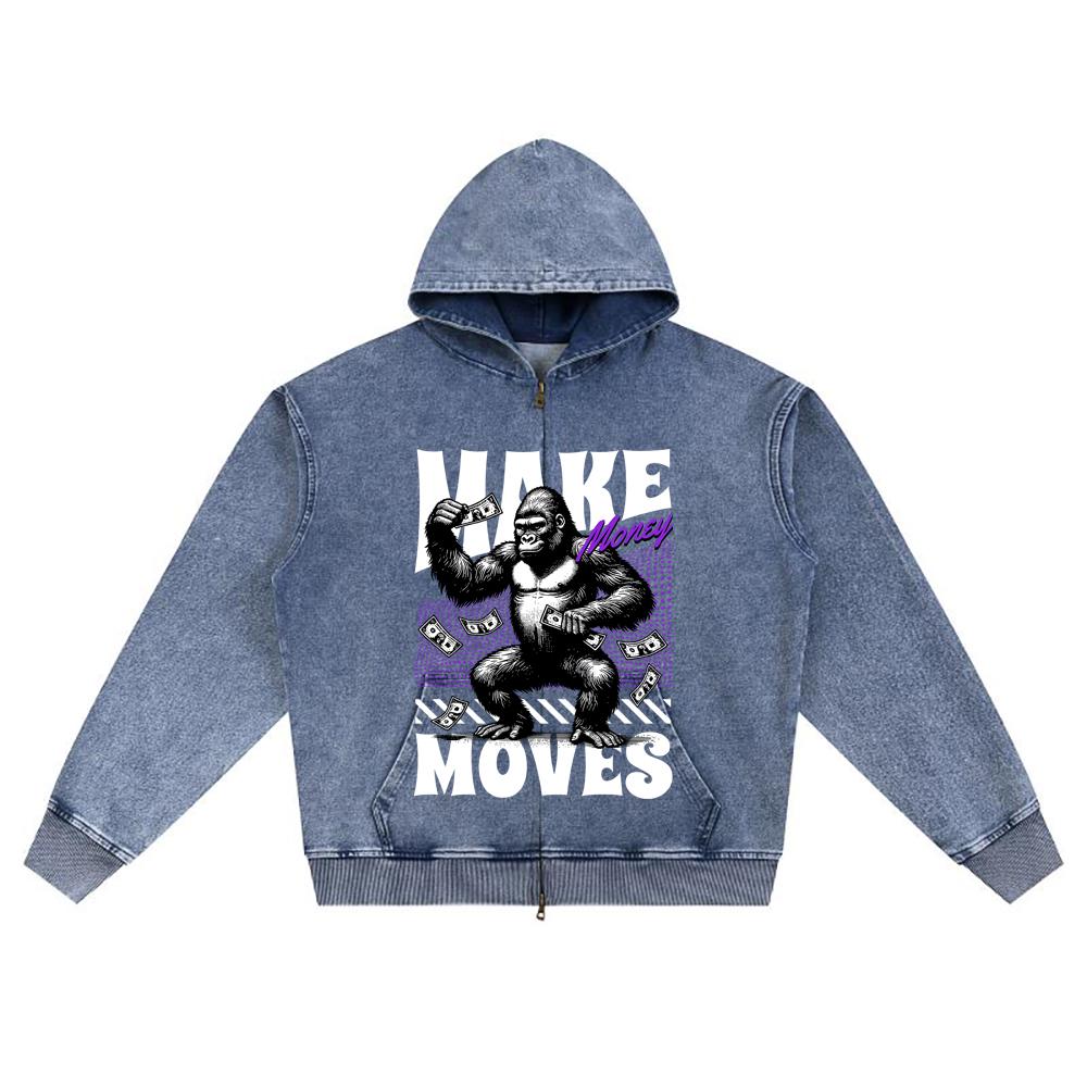 DTG print Knitted Denim Zip-Up Hoodie Make Money Moves Brother Print Zipper Hoodies  