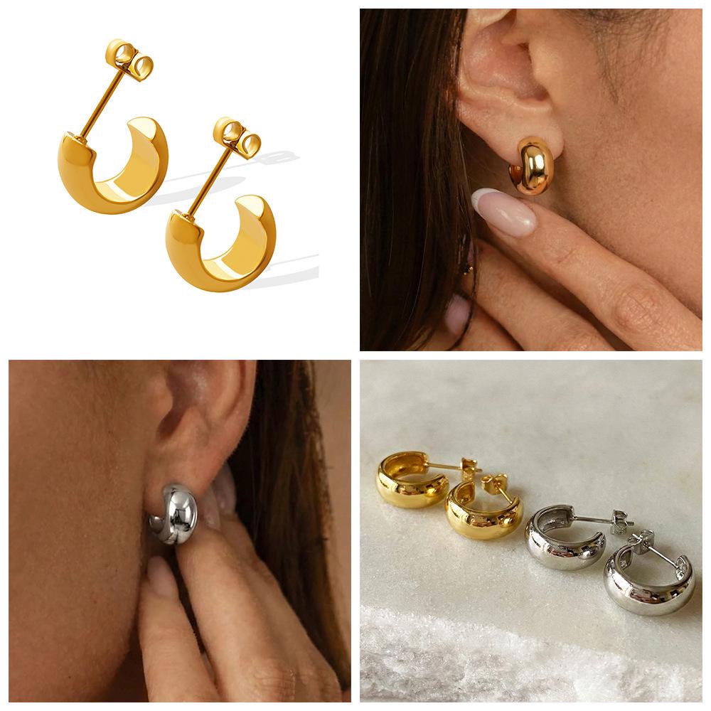 European C-Shaped Semi-Circular Earrings, 18K Gold-Plated Stainless Steel, Personalized Design for Women