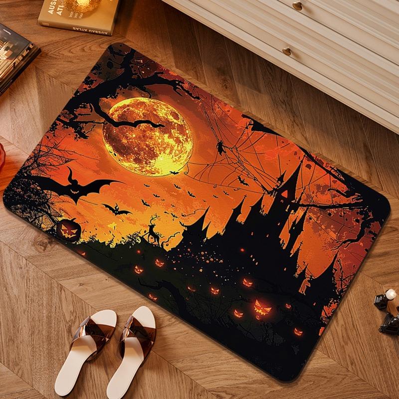 Patterned Door Mat Set With Scarecrow Bat And Spooky Scene Designs Artistic Decor Mat For Entryway For Home Decor