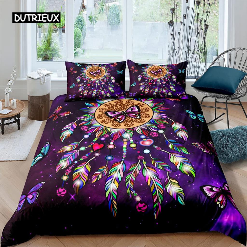 Purple Dream Catcher Duvet Cover Set Bohemian Feather Dream Catcher Bedding Set Microfiber Exotic Ethnic Style King Quilt Cover