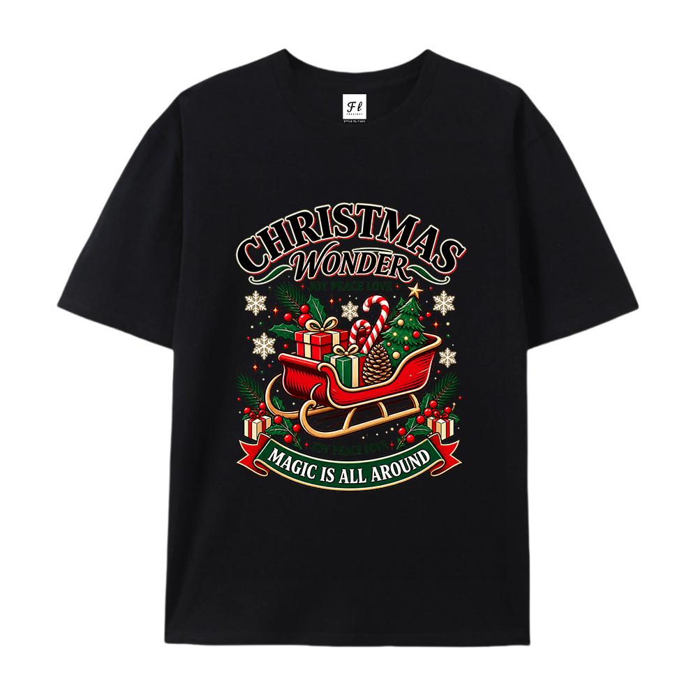 Women's Christmas Wonderland Graphic T Shirt Santa Sleigh Tree Gift Print Casual Short Sleeve Crew Neck Holiday Tee