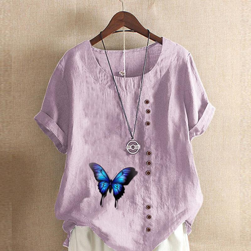 Camiseta de manga corta con cuello redondo para mujer, blusa informal de lino y algodón con estampado de mariposas, holgada y de verano