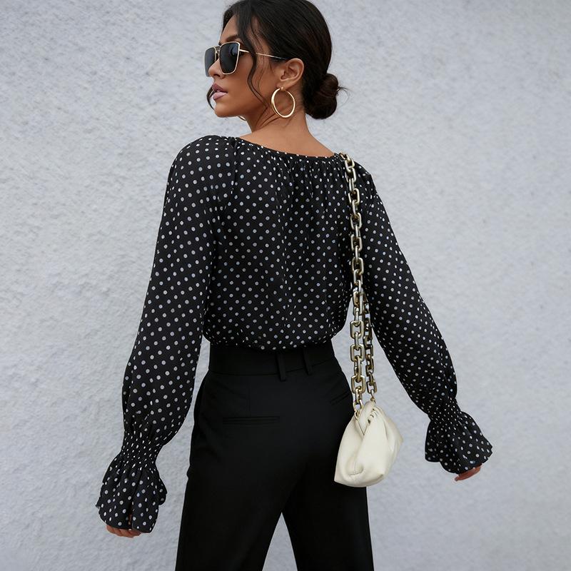 Moda Donna Casual Primavera Autunno Stampa Pois Manica Lunga Scollo a O Camicette Camicie