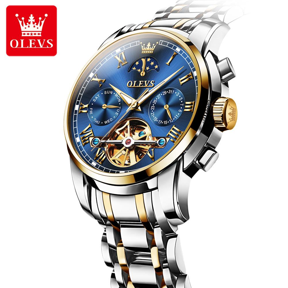 OLEVS 6617 Original Herrenuhr Luxus Skelett Hohl Schwungrad Automatikuhr für Herren Kalender Wasserdicht Mondphase Armbanduhr