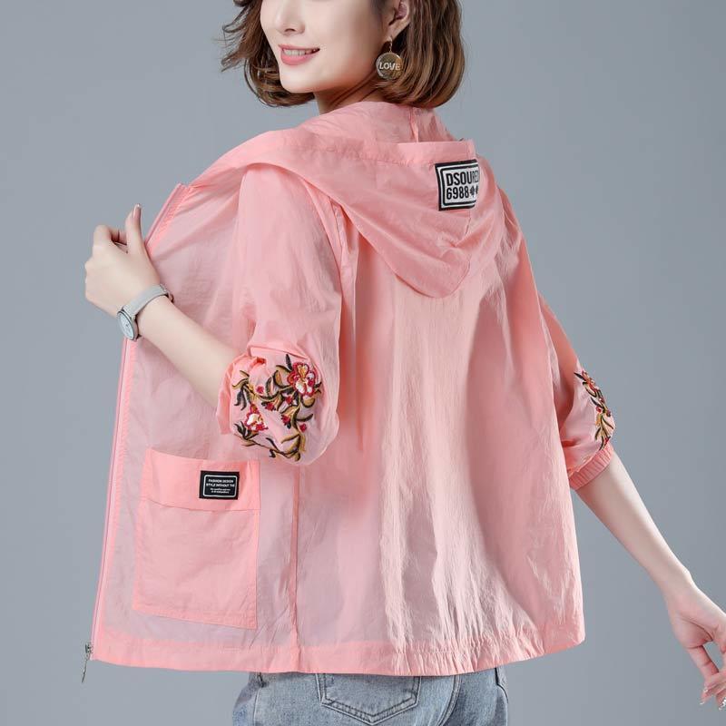 UV-beskyttende solkremfrakk for kvinner Kort hette tynn jakke Matchende løse solkremklær Retro etnisk stil Broderidesign Sommer