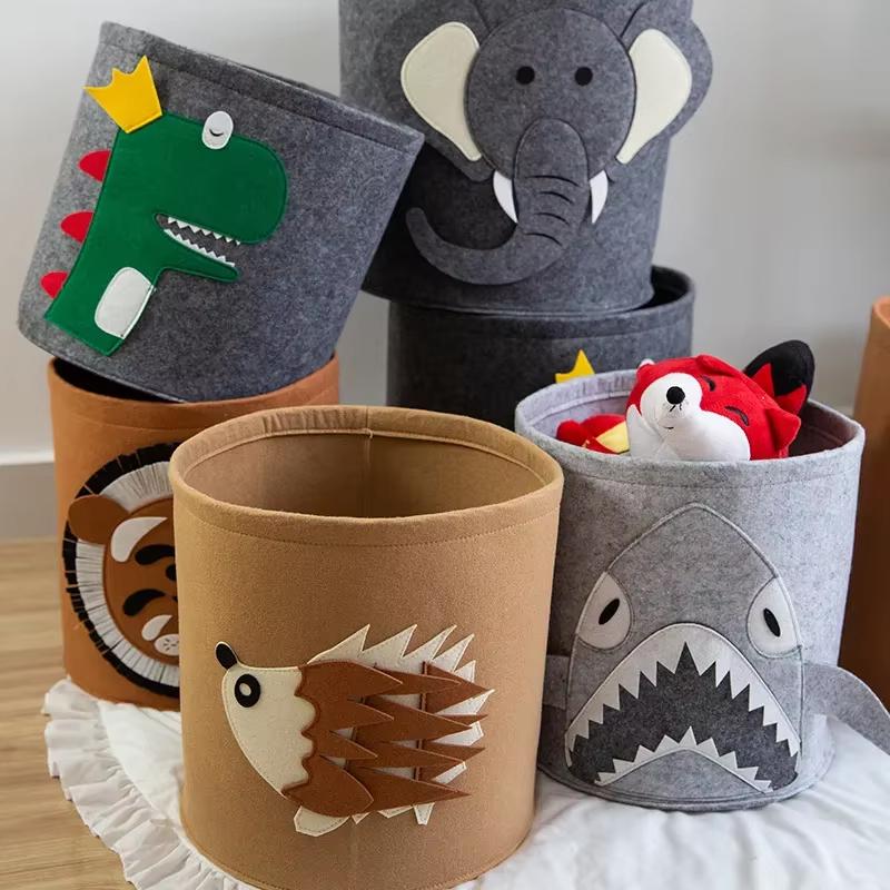 Toy Storage Bucket Animal Decor Cartoon Baby Felt Storage Bucket For Play Room Toy Organizer Washable Dirty Clothes Bucket