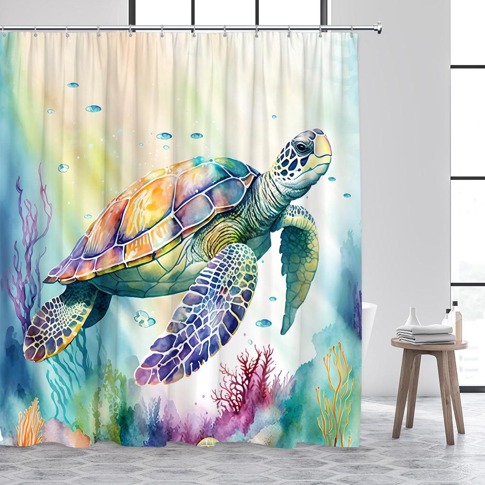 Ocean Sea Turtle Shower Curtain Seahorse Starfish Seagrass Fish Animals Underwater Scenery Fabric Bathroom Curtains Decor Set
