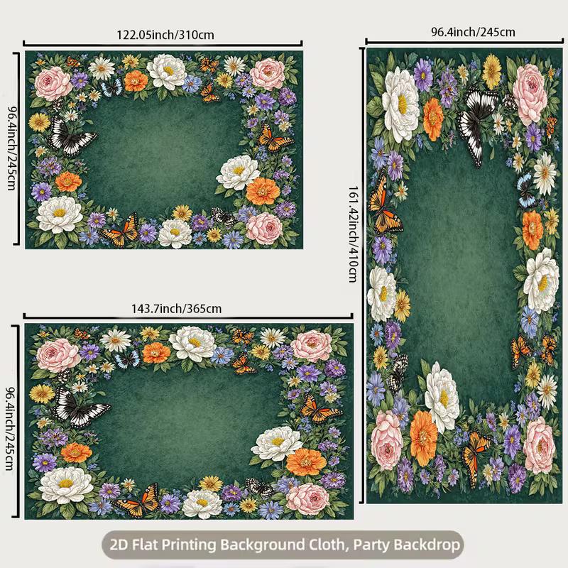 2D Vintage Flower Frame Backdrop Watercolor Blooms & Butterflies Photography Background Cloth
