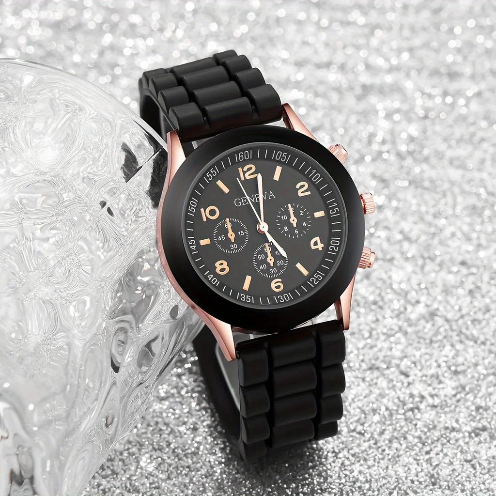 2 Black And White Rubber Straps Circular Dial Quartz Watch And 2 Combination Bracelets Suitable For Daily Life