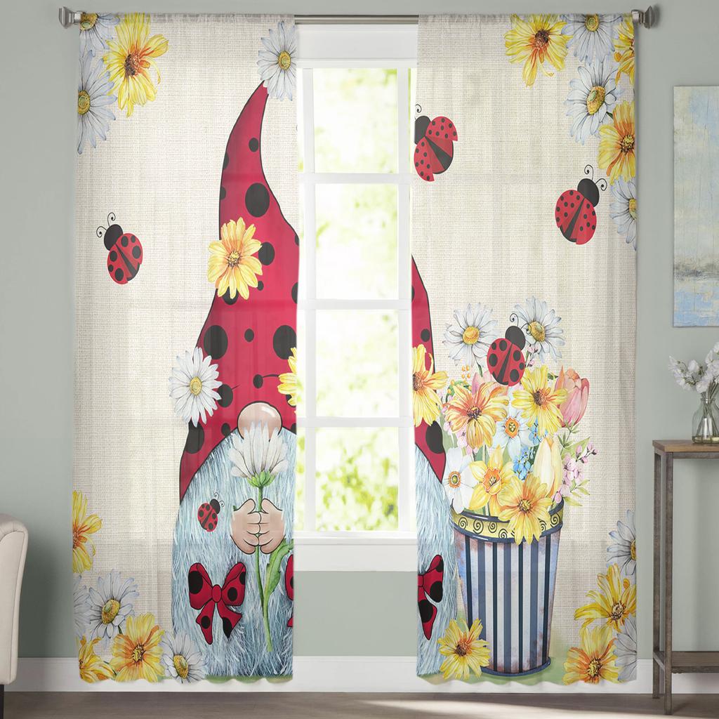 Jarní sedmikrásky Slunéčko sedmitečné Průsvitné okenní závěsy do obývacího pokoje kuchyně Dětská ložnice Voile závěsný závěs