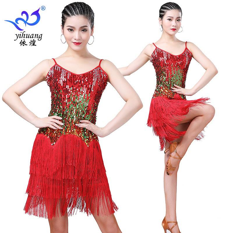 Latin Dance Dress Sequined Fringe Stage Performance Costume Women