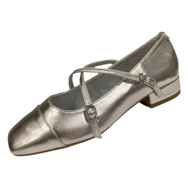 Spring Square Toe Ballet Shoes Fashion Low Heel Mary Jane Shoes Casaul Silver Cross Buckle Shallow Soft Sole Shoes