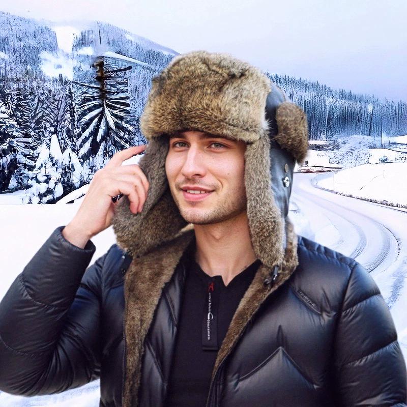 WTEMPO Herren Rindsleder Kaninchenfell Outdoor Weicher Ohrenschutz Druckknopfhüte Wandern Skifahren Herbst Winter Winddicht Kältesicher Warme Plüsch Fliegerhüte