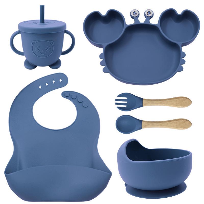 Crab-Themed Silicone Tableware Set: 9-Piece Baby Feeding Kit with Meal Plate, Bowl, Spoon, and Fork