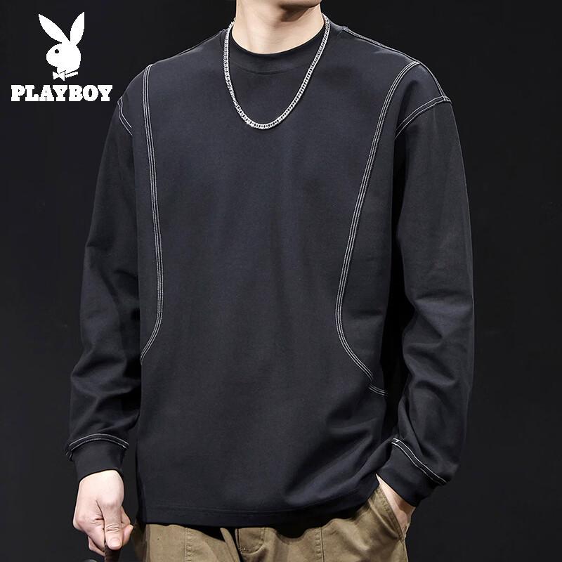 Playboy Men's Long-Sleeve Crew Neck Patchwork Casual T-Shirt