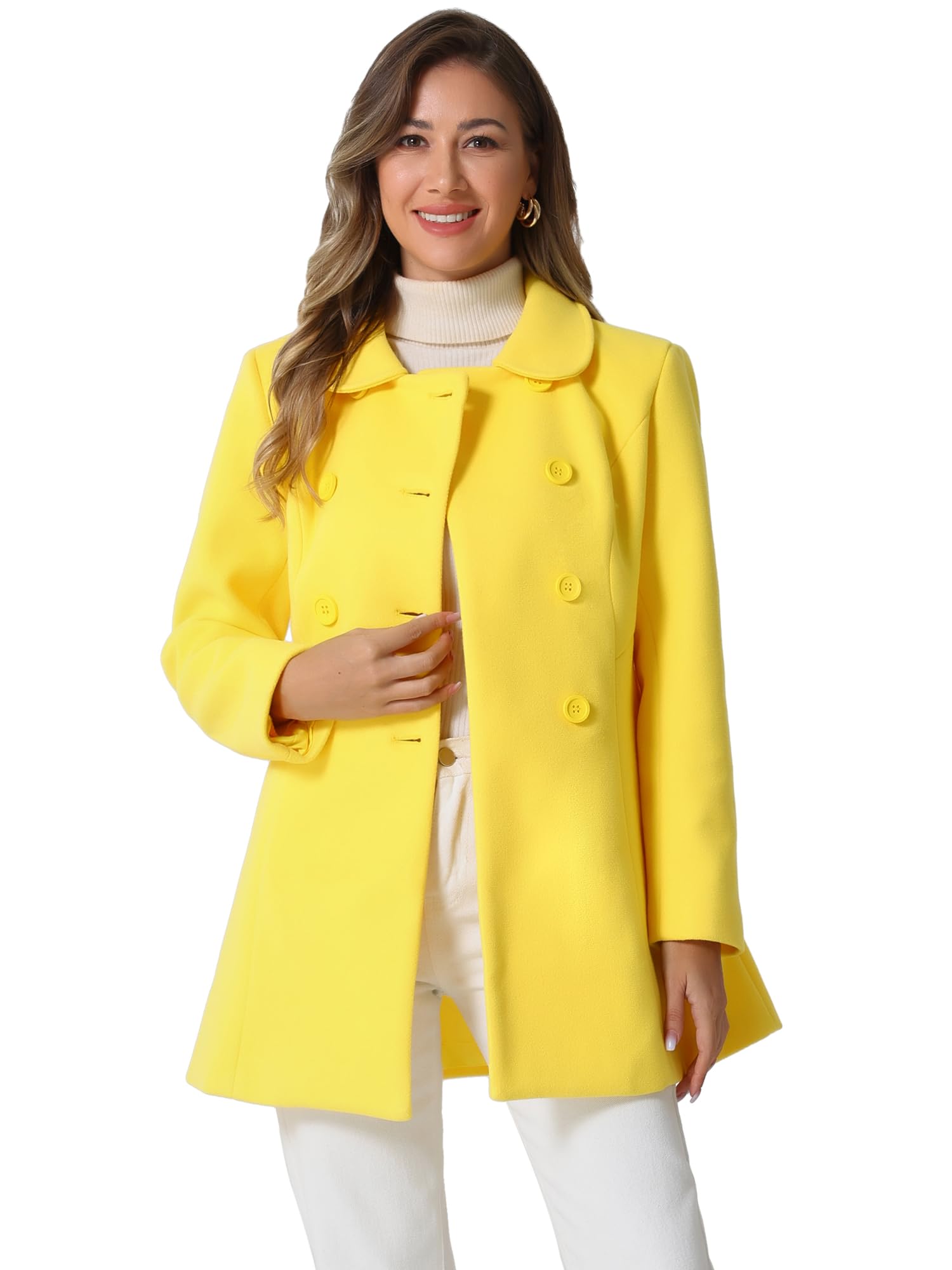 

Allegra K Women s Double-Breasted Trench Coat with Round Collar, Long Sleeves, and Cold Weather Protection for Fall and Winter, Yellow, Size L