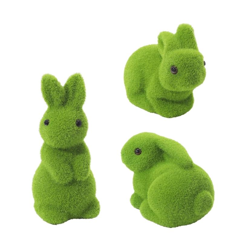 Easter Flocking Bunnies Decors Moss Bunnies Statues Rabbit Figurines Easter Decorations Tabletop Ornament Home Decors