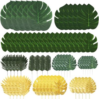 72 Pcs 10 Kinds Artificial Palm Leaves Golden Green Tropical Leaves with Stems Jungle Leaves Decorations for Hawaiian Party Wedding Decorations