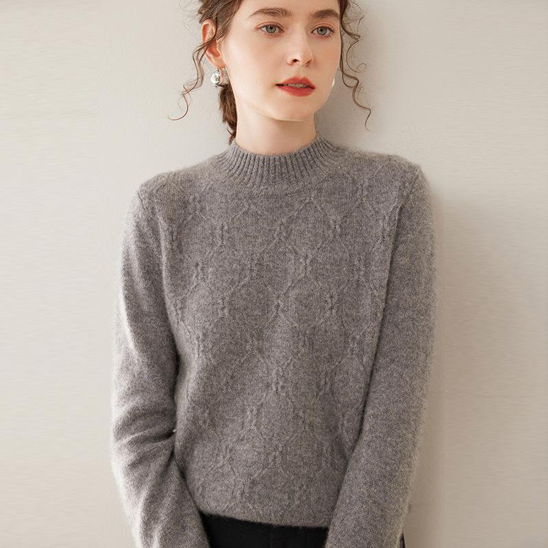 2024 Women's Autumn/Winter Cashmere Cable Knit Sweater – Half-High Neck, Thick, Loose Fit Knitwear