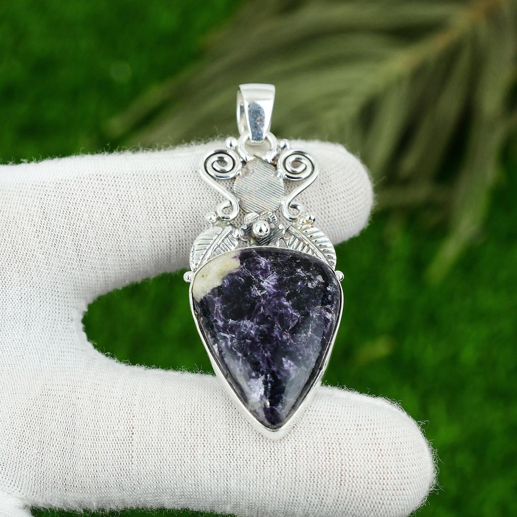 Pear Third Eye Chakra Natural Lepidolite 925 Silver Bezel Art Deco Wife Pendant