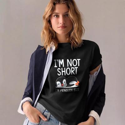 Women's Casual Black T-Shirt with Round Neck and Penguin Print