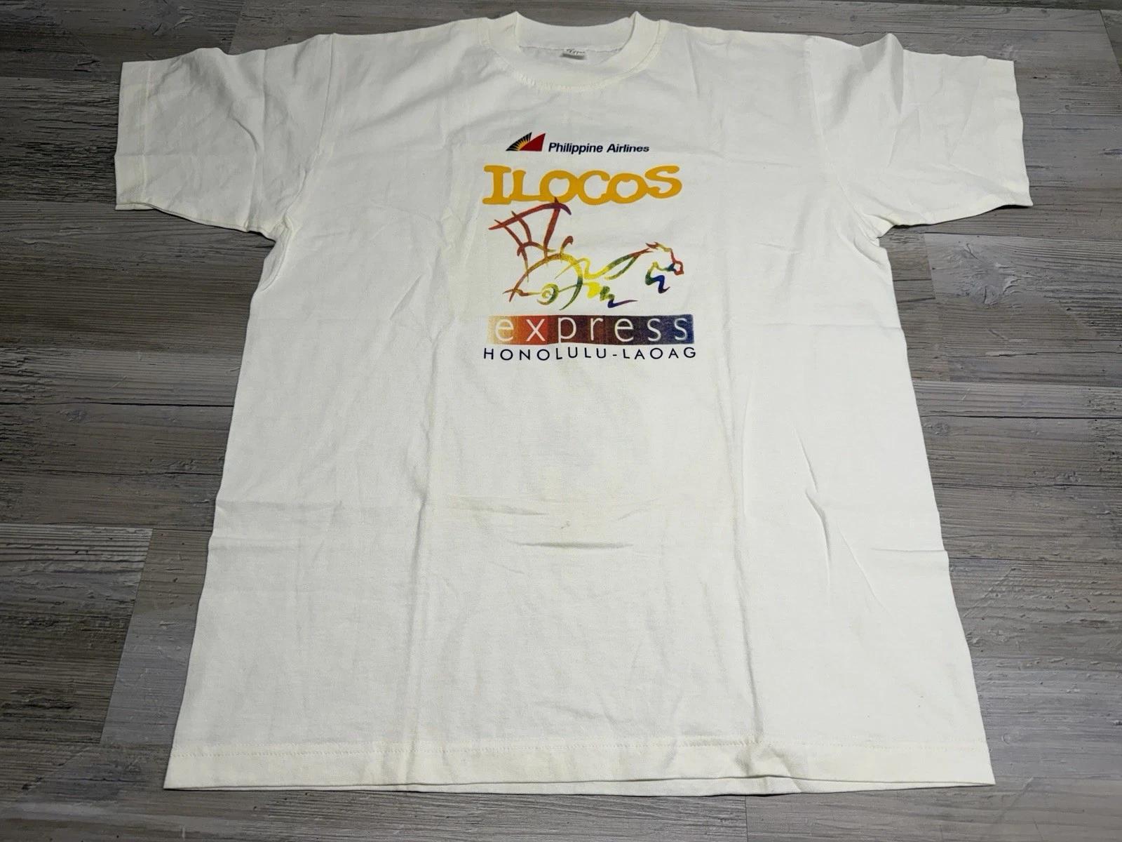 Vintage Philippine Airlines T-Shirt Ilocos Honolulu Express Double Sided Graphic XL