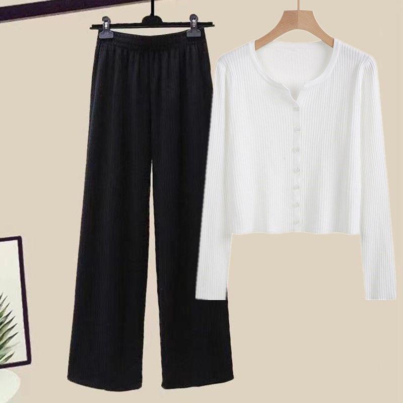 Two-Piece Women's Autumn Knit Set: Korean Short Sweater & Casual High-Waist Wide-Leg Pants