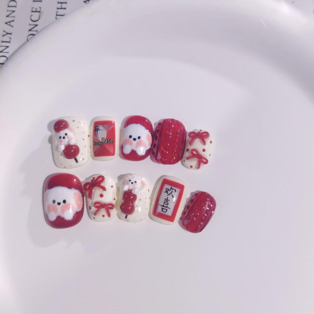 Hand-Painted Cartoon Puppy Tanghulu Nails with Polka Dot Bow for New Year Medium