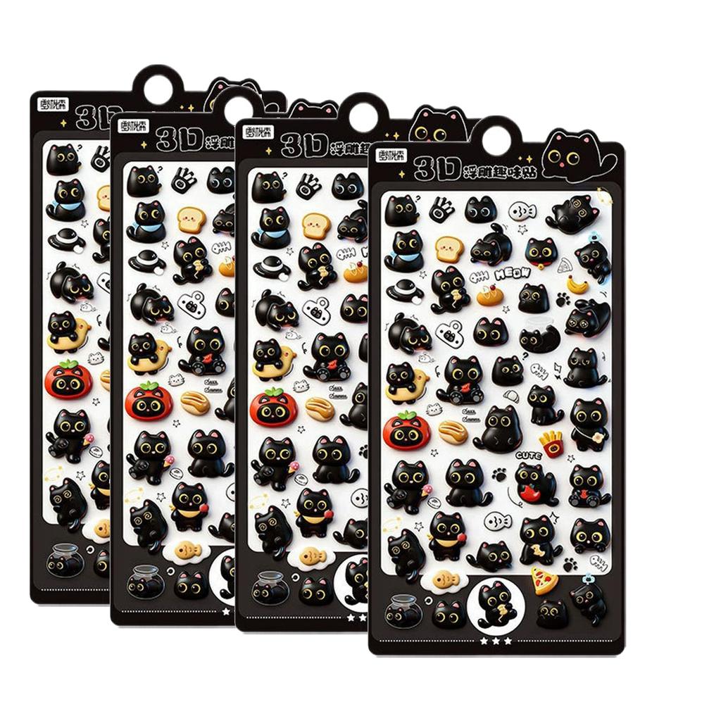 3D Cute Black Cat Puff Sticker, 4PCS Kawaii Cartoon Animal Mini Puffy Stickers, for DIY Scrapbooks Journals Laptops Phone Case