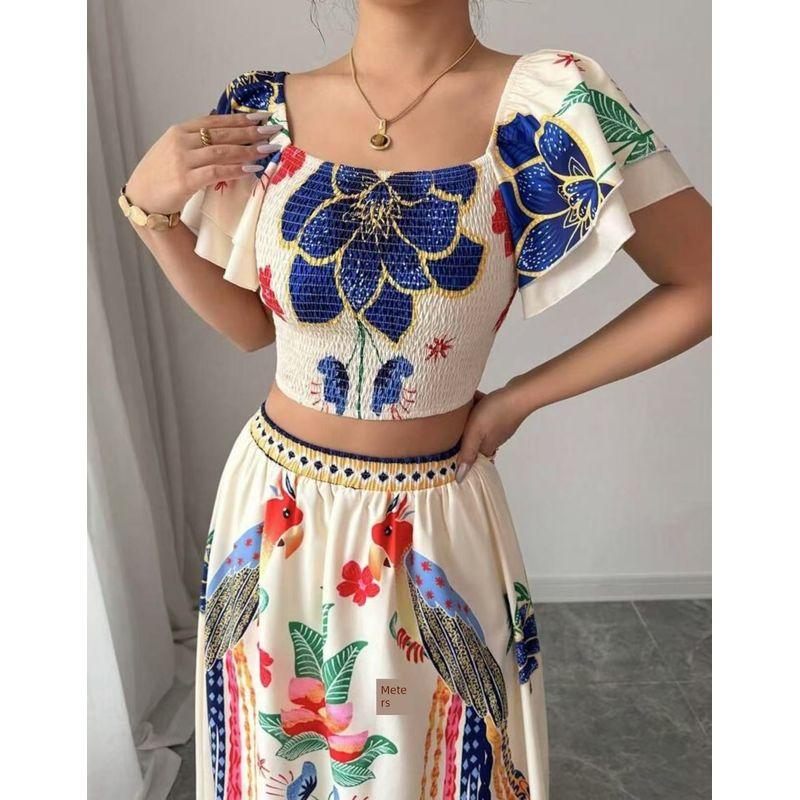 Top and Skirt Set European and American Print Leisure Vacation Bohemian Short Sleeve Top Skirt Sets