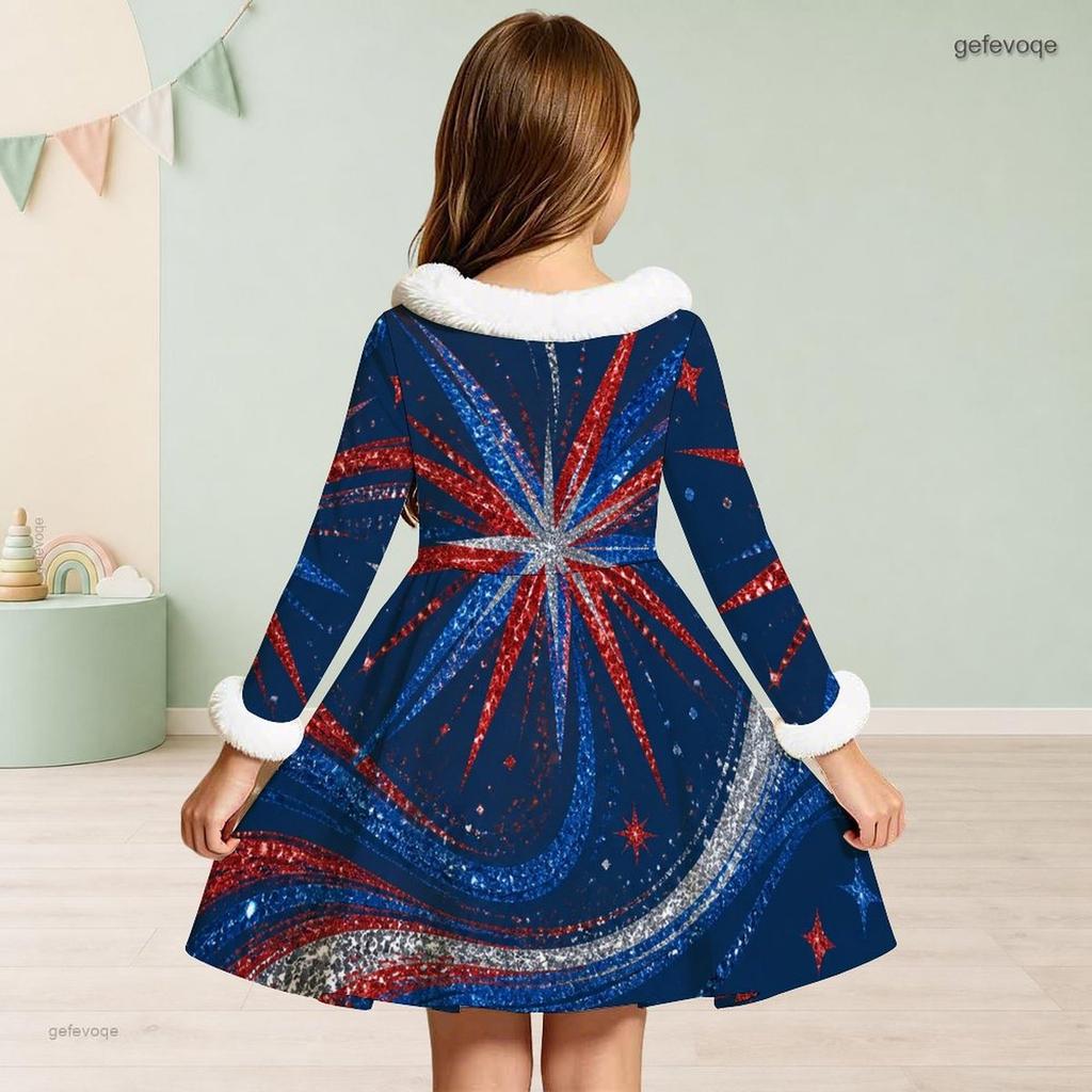 Girls Furry High Neck Long Sleeve Bow Waist Printed Red Blue White Star A Line Flared Dress