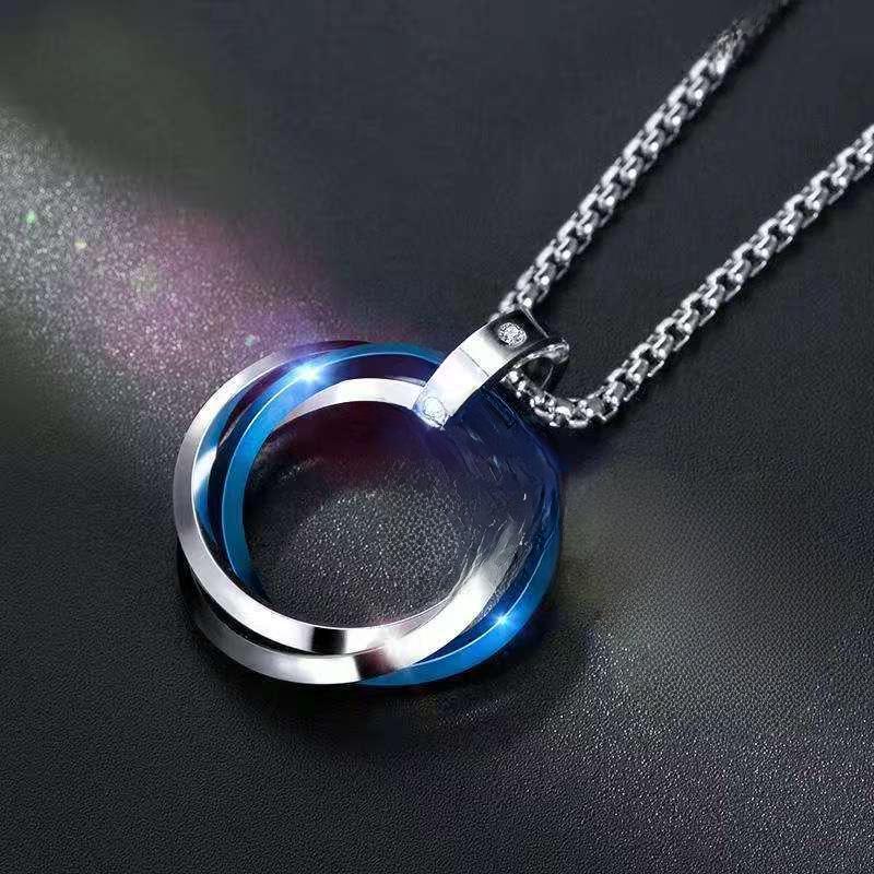 Stylish Titanium Steel Triple-Ring Pendant Necklace for Men and Women - Hip-Hop Inspired Sweater Chain Accessory