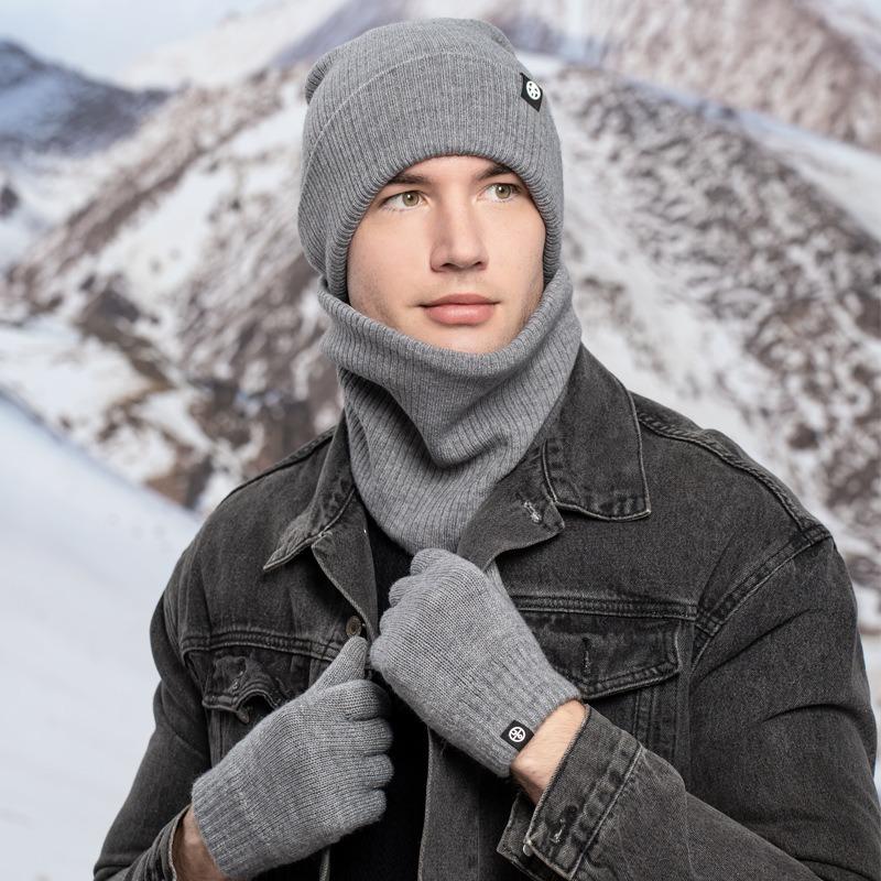 Winter warm thickened hat scarf gloves three-piece set windproof adult knitted hat