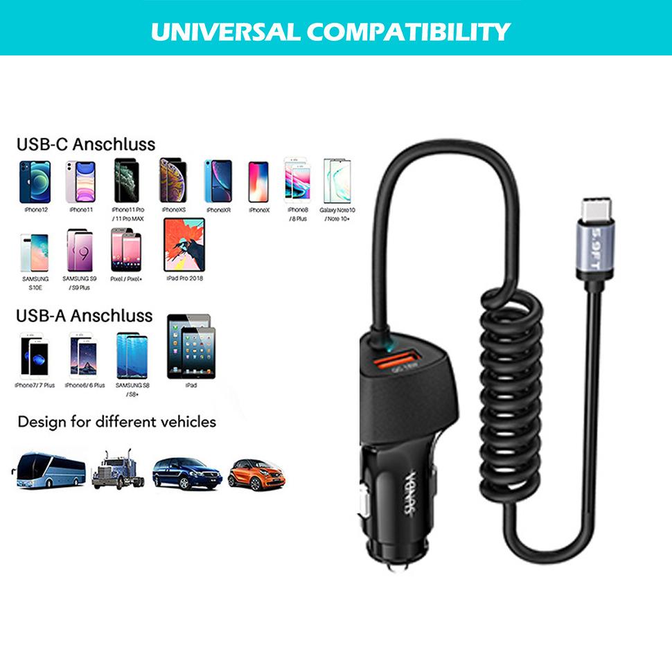 48W USB Fast Car Charger Stretch Cable Adapter for IPhone 12 11 14 15 Samsung Galaxy Android Type-c Car Charger