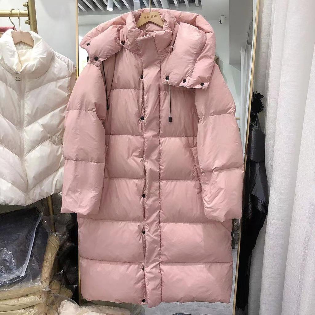 Pink long down jacket women's winter hooded over the knee thickened warm white duck down loose coat tide