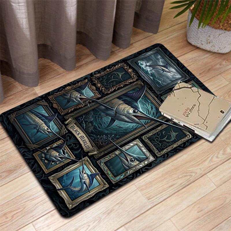 Black Marlin Collection Pattern Rug Floor Mat for Living Room or Bedroom Soft and Comfortable Carpet a Gift for Birthday and Holiday.