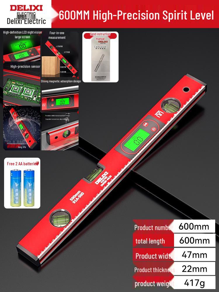 Delixi High Precision Aluminum Spirit Level with Magnet, Small Digital Display Magnetic Ruler
