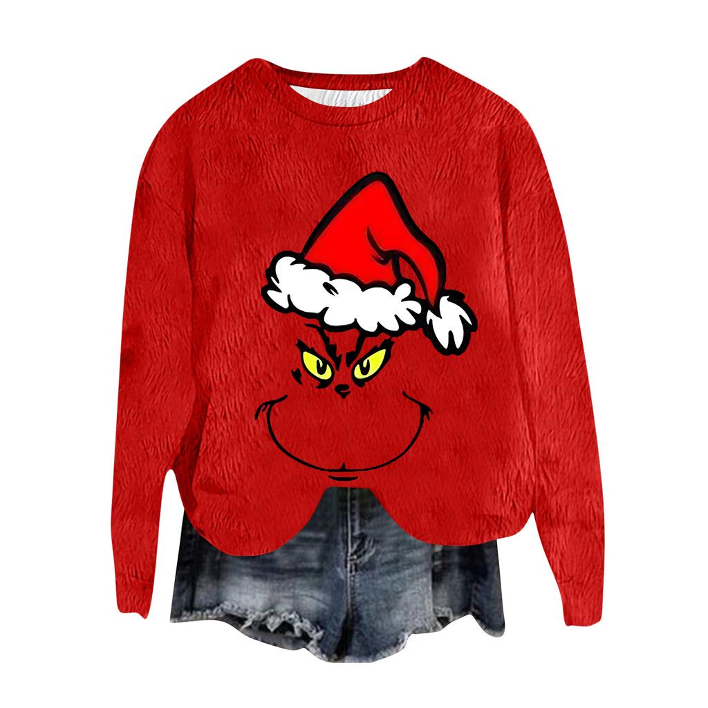 Women's Fashion Round Neck Pullover Top Long Sleeve Tee Christmas Printed Sweatshirt
