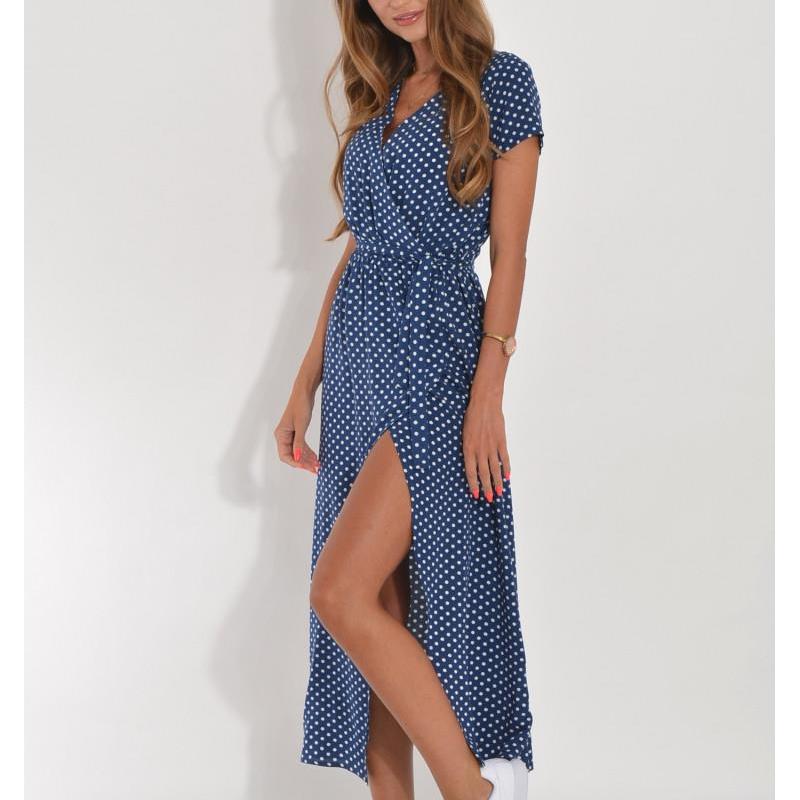 Women Floral Print Long Dresses Summer Sexy V Neck Split Lace-up Dress Female Casual Elegant Short Sleeve Beach Dress Vestidos