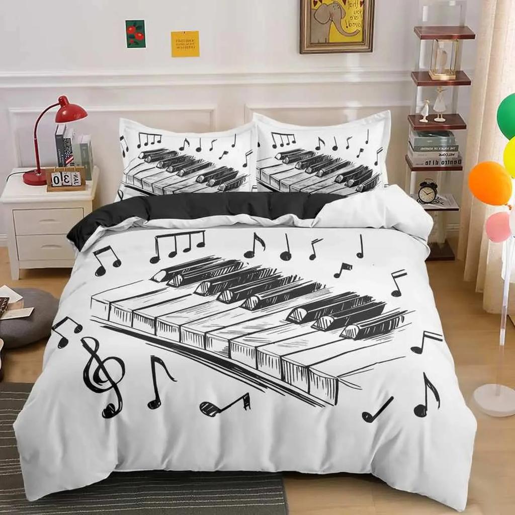 Piano Keys Duvet Cover Set Rotating Musical Notes Bedding Set Tie Dye Bedding Set Retro Music Comforter Cover Bedclothes Queen