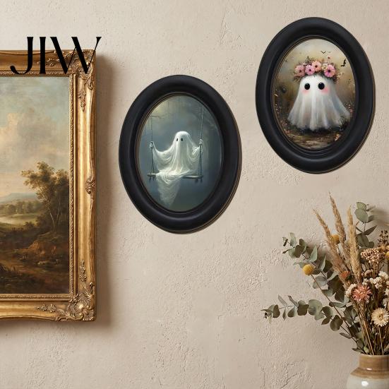 Rustic Autumn Home Accents Halloween Gothic Oval Wooden Hanging Plaque, Vintage Framed Black Cat Little Minimalist Horror Themed Decor Ghost
