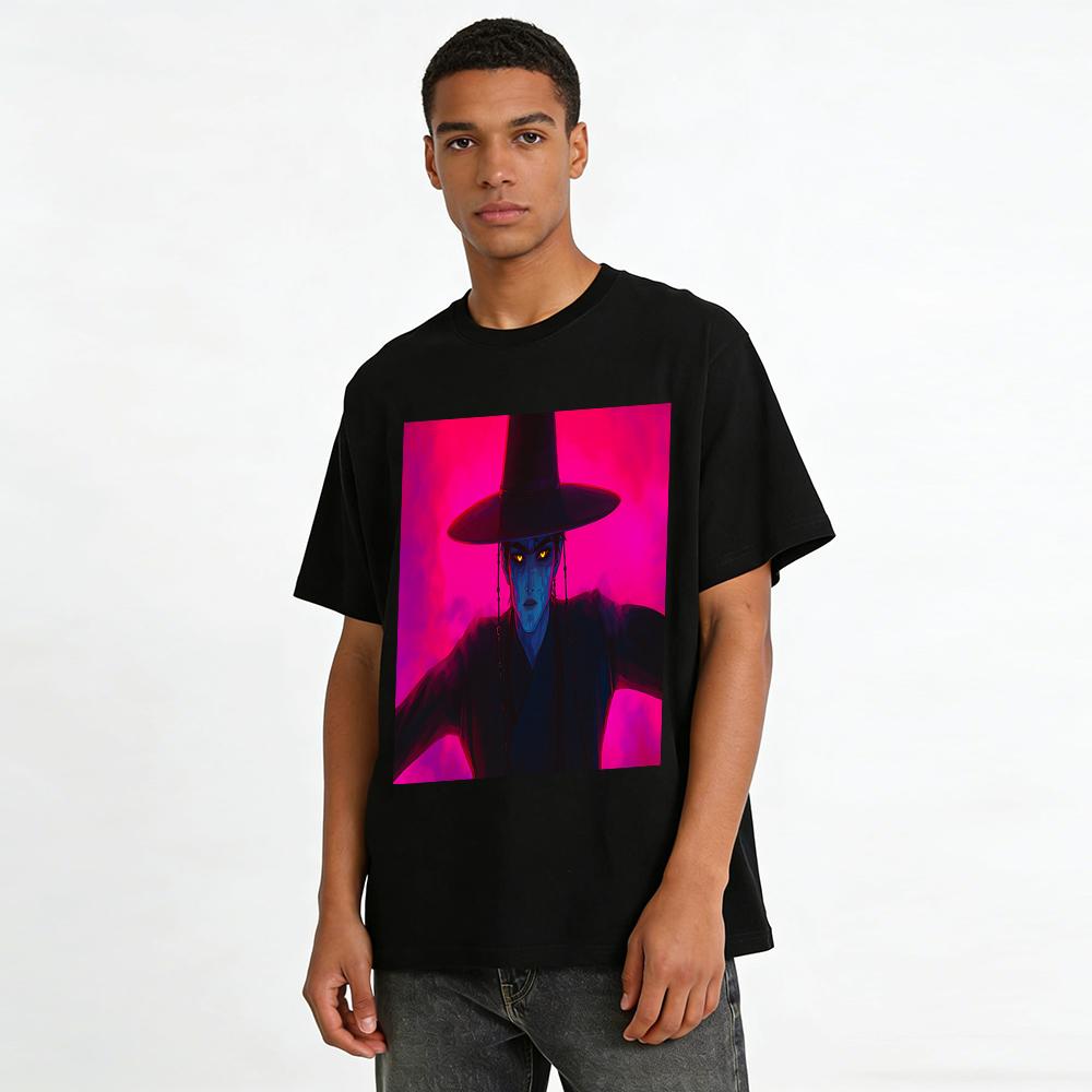 Dark Chinese Style Martial Arts Character Print T-Shirt Cool Color Block Unisex Casual Top Pure cotton T-shirt