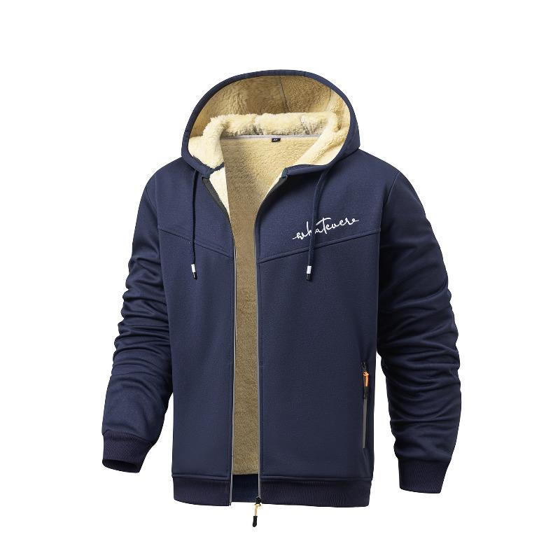 

Autumn and Winter Jacket Men s Fleece Sweater Strip Zipper Hooded Casual Jacket S темно-синього кольору