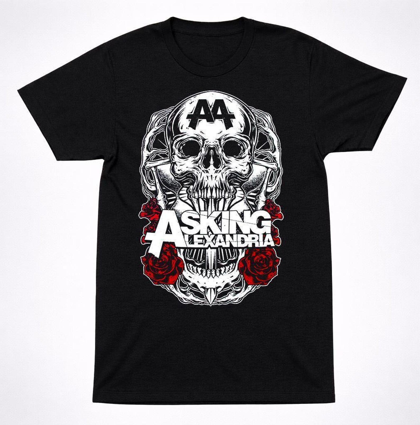 Asking Alexandria AA Skull Skeleton Rose Tee: Bold Metalcore Band Graphic - Cotton Fabric, Unisex Style, Fan Apparel S