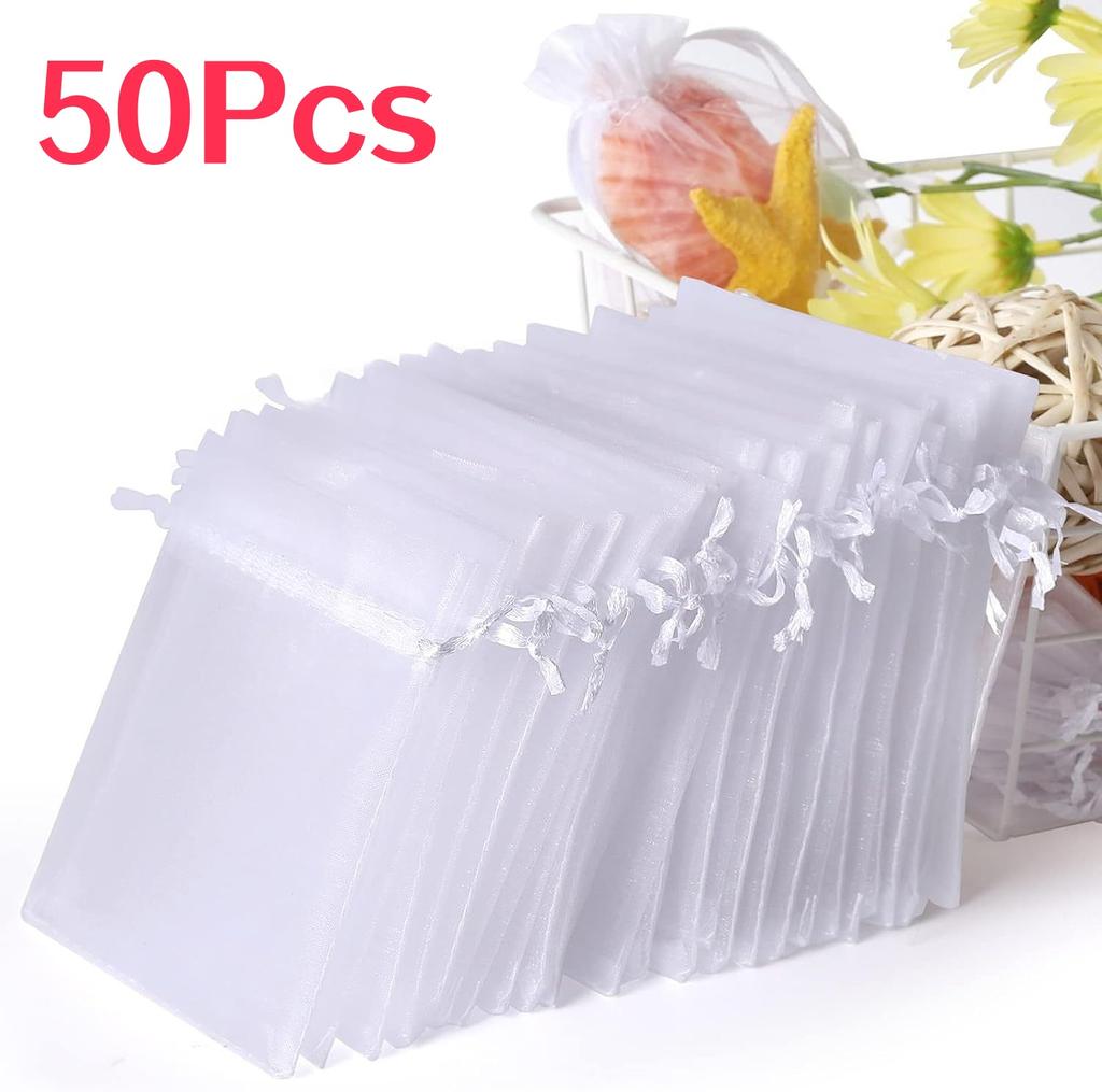 50Pcs White Organza Bag Set For Jewelry Gift Party Favor Bags with Drawstring for Wedding Christmas Small Jewelry Storage