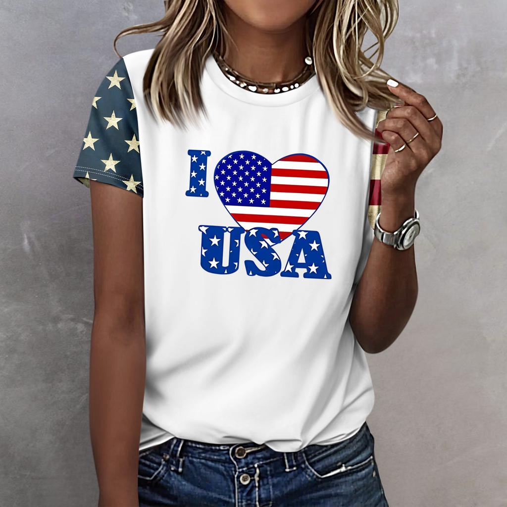 T Shirts For Women, Womens Short Sleeve Tops Dressy Summer O Neck Casual Trendy Blouses Tunic Tops Independence Day